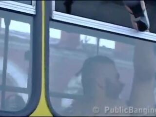 Crazy daring public bus sex clip action in front of amazed passengers and strangers by a couple with a perky daughter and a youth with big penis doing a blowjob and a vaginal intercourse in a local transportation