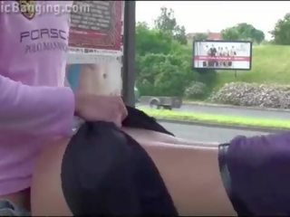 Pretty Ms with big tits PUBLIC highway gangbang threesome